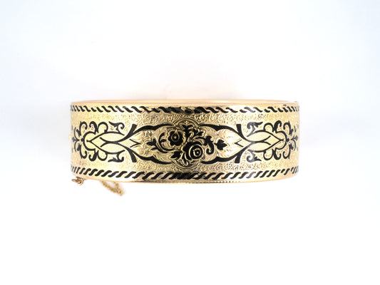 73983 - Victorian Gold Black Enamel Hollow Floral Bangle Bracelet
