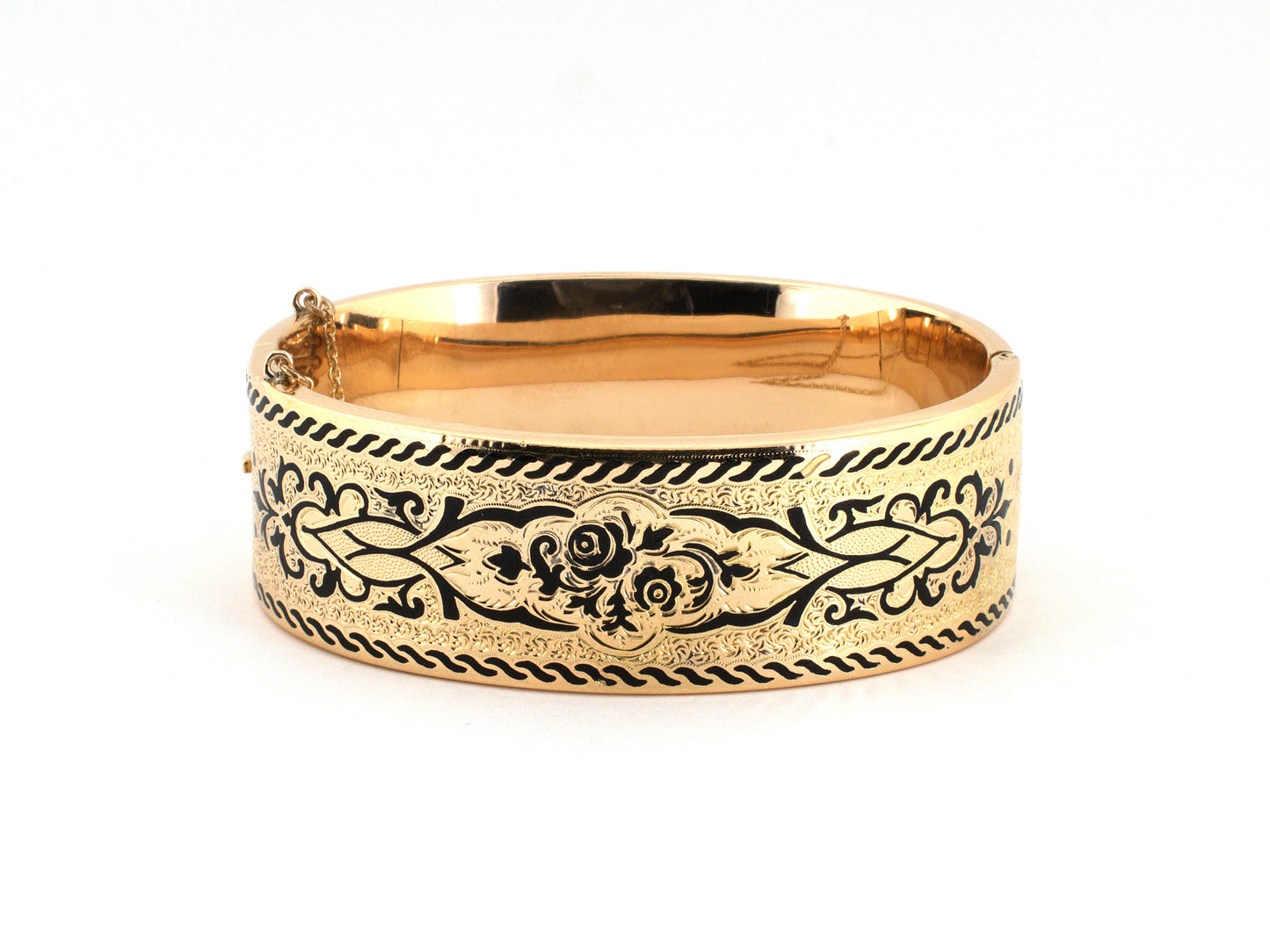 73983 - Victorian Gold Black Enamel Hollow Floral Bangle Bracelet