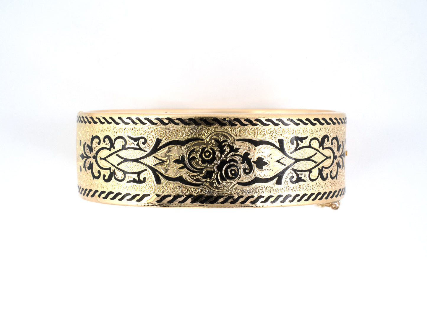 73983 - Victorian Gold Black Enamel Hollow Floral Bangle Bracelet