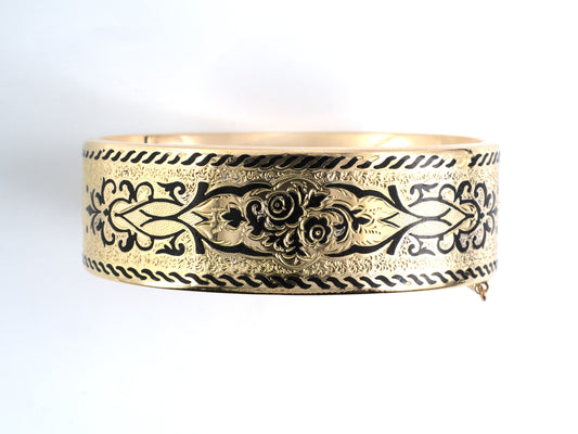 73984 - Victorian Gold Black Enamel Hollow Floral Bangle Bracelet