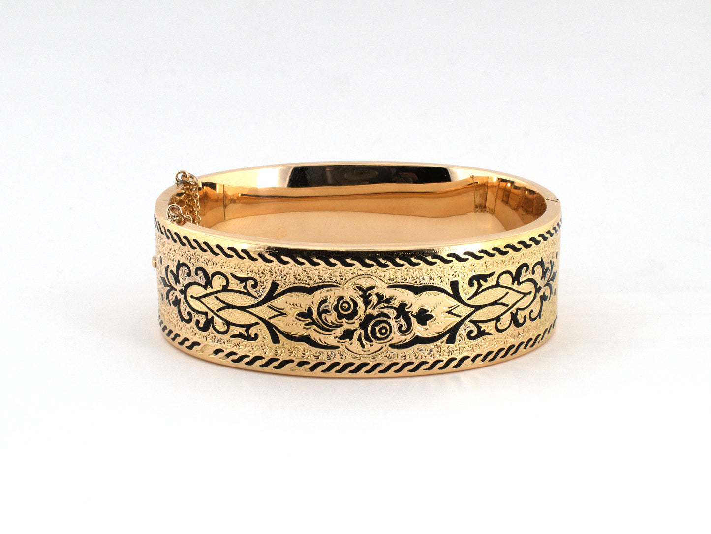 73984 - Victorian Gold Black Enamel Hollow Floral Bangle Bracelet