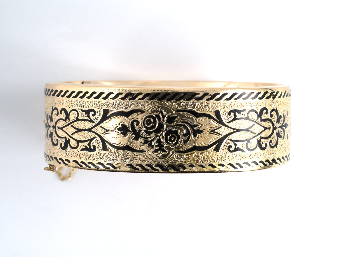 73984 - Victorian Gold Black Enamel Hollow Floral Bangle Bracelet