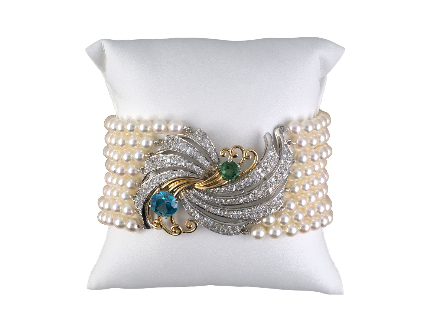 73986 - Retro Platinum Gold Diamond Blue Zircon Green Tourmaline Pearl Bracelet