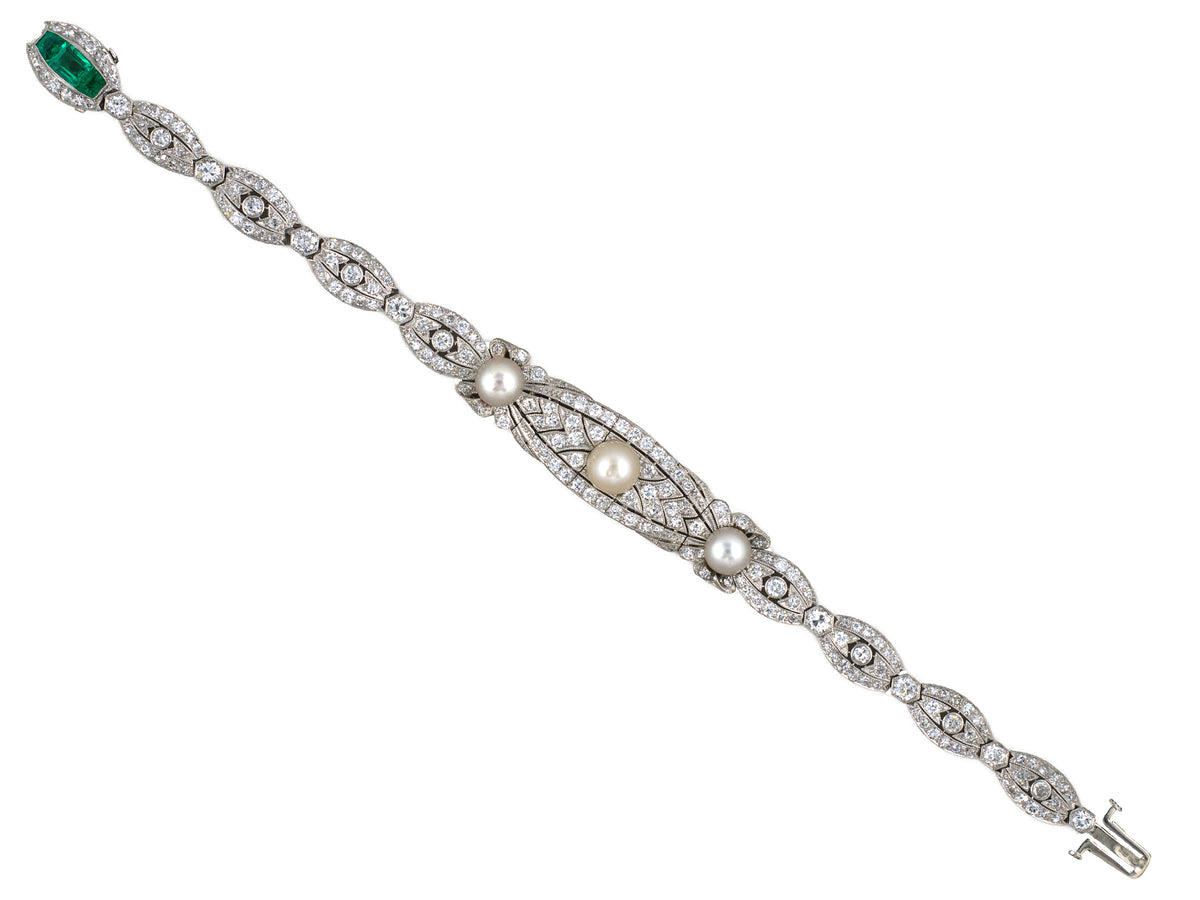 73990 - Art Deco T Kirkpatrick & Co Platinum Diamond GIA Natural Pearl Emerald Bracelet