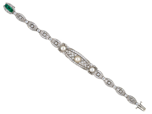 73990 - Art Deco T Kirkpatrick & Co Platinum Diamond GIA Natural Pearl Emerald Bracelet