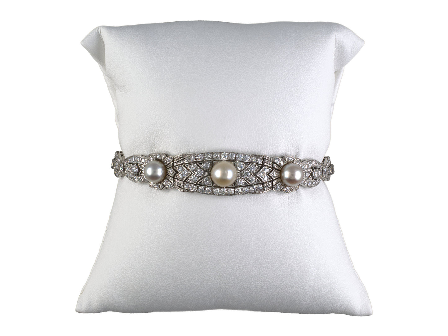 73990 - Art Deco T Kirkpatrick & Co Platinum Diamond GIA Natural Pearl Emerald Bracelet