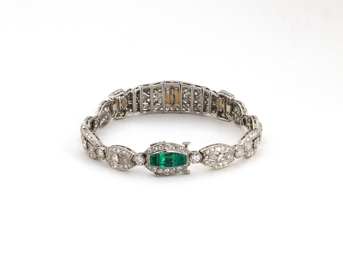73990 - Art Deco T Kirkpatrick & Co Platinum Diamond GIA Natural Pearl Emerald Bracelet