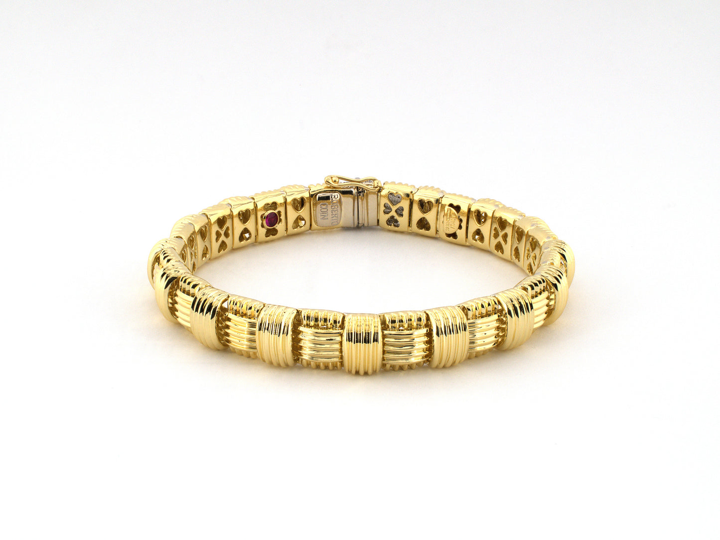 73999 - Roberto Coin Italy Gold Diamond Ruby Alternating Corrugated Woven Link Bracelet
