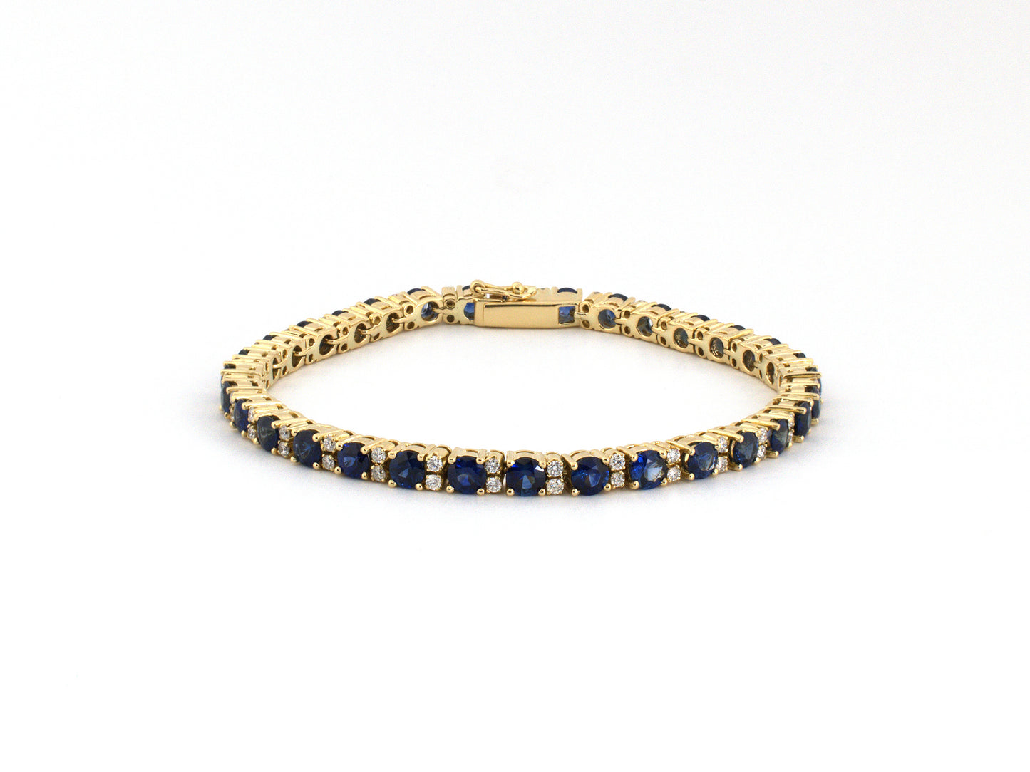 74002 - Gold Sapphire Diamond Alternating Straight Line Tennis Style Bracelet