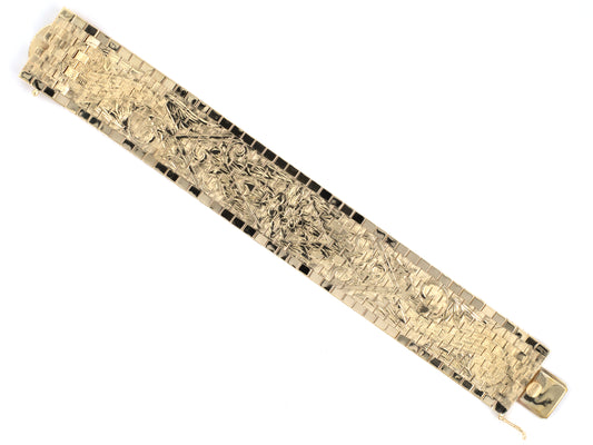 74004 - Circa 1950s Zelman & Friedman Gold Carved Brick & Scroll Pattern Bracelet