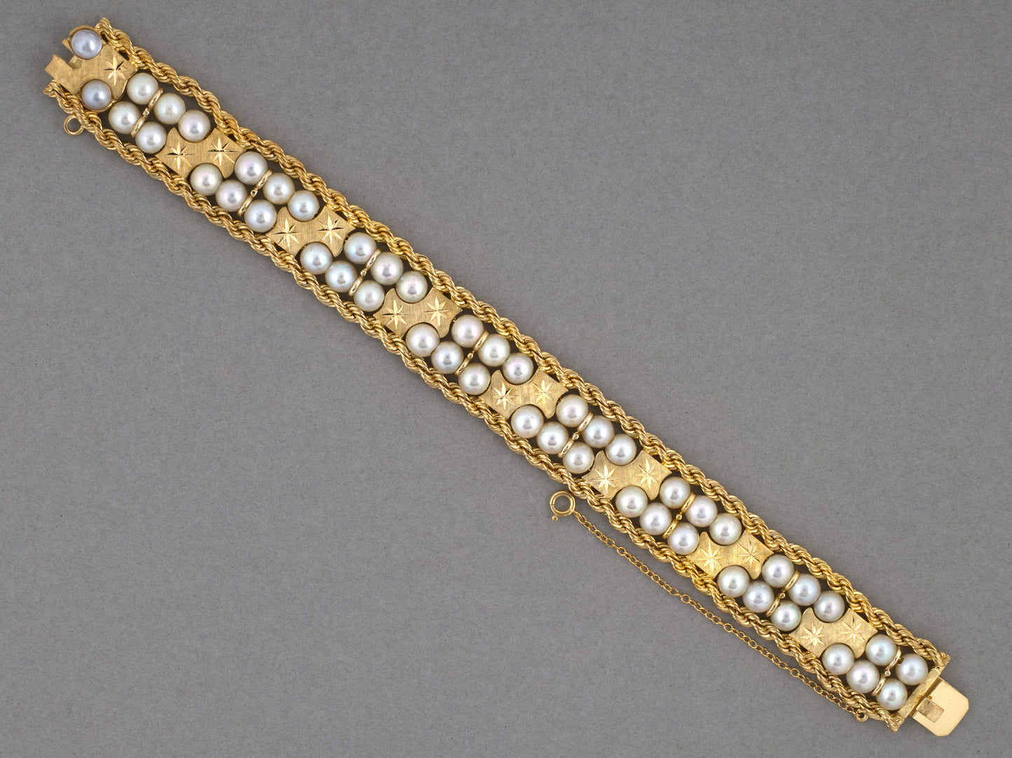74005 - Honora Circa 1950s Gold Pearl 2-Row Twisted Rope Border Bracelet