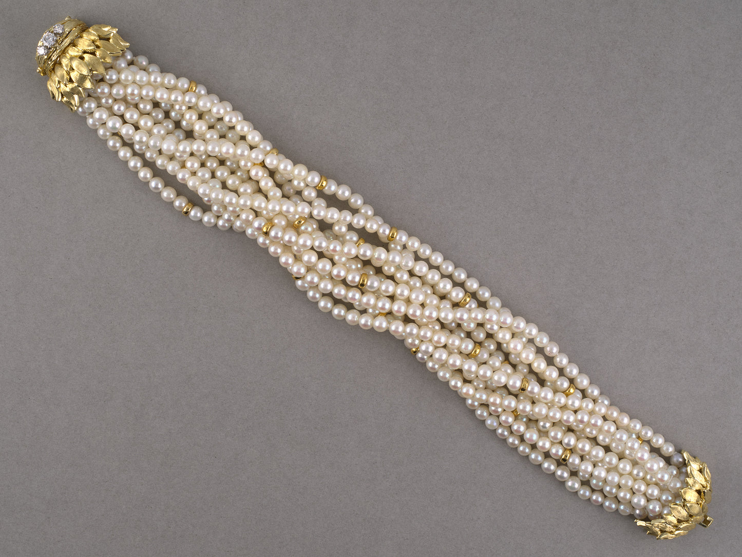 74006 - Platinum Gold Diamond Multi Strand Pearl Torsade Bracelet