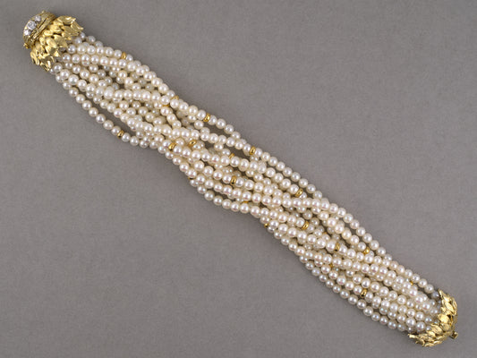 74006 - Platinum Gold Diamond Multi Strand Pearl Torsade Bracelet