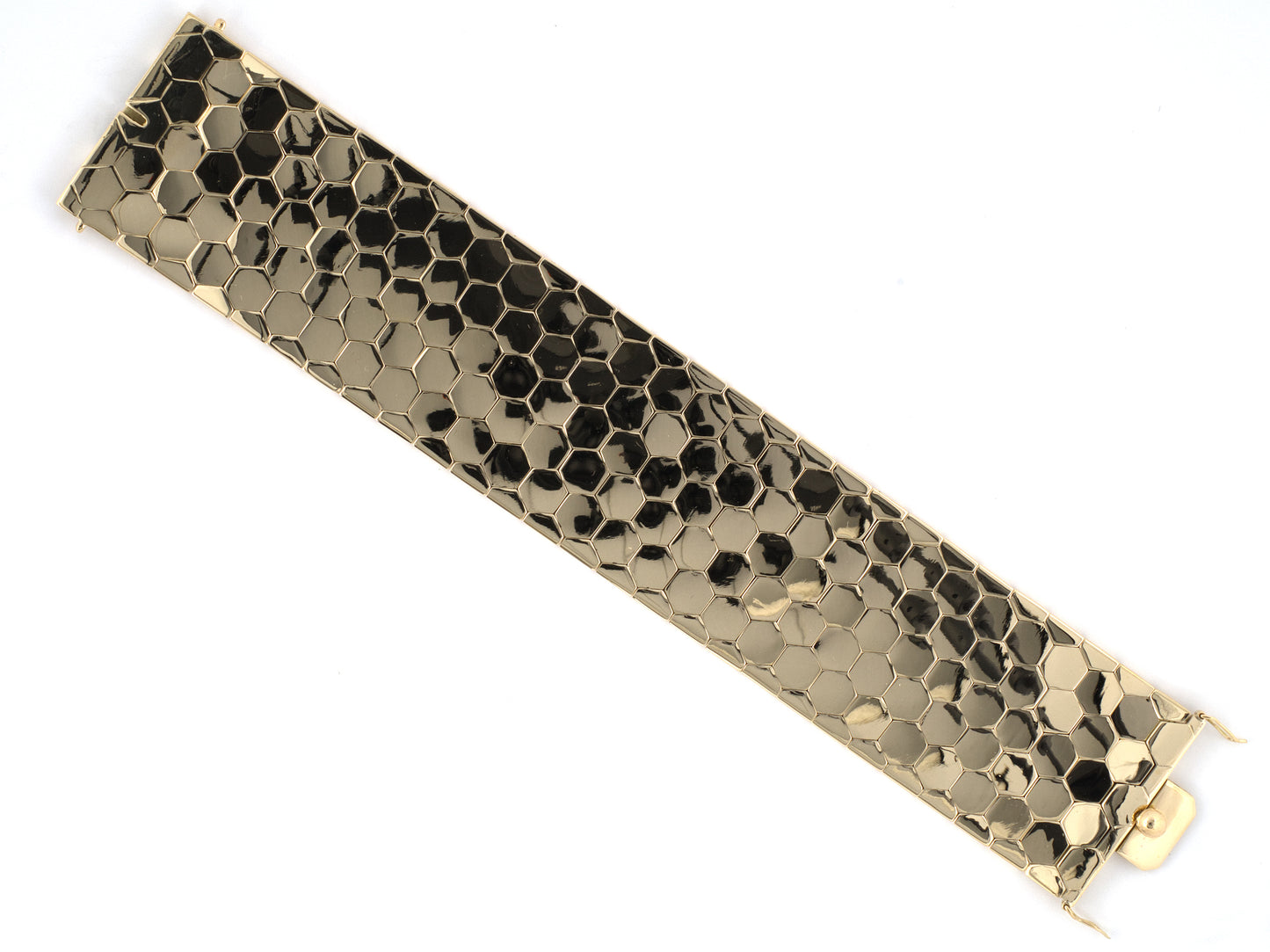 74010 - Circa 1950s Retro Gold Hexagonal Honeycomb Link Bracelet