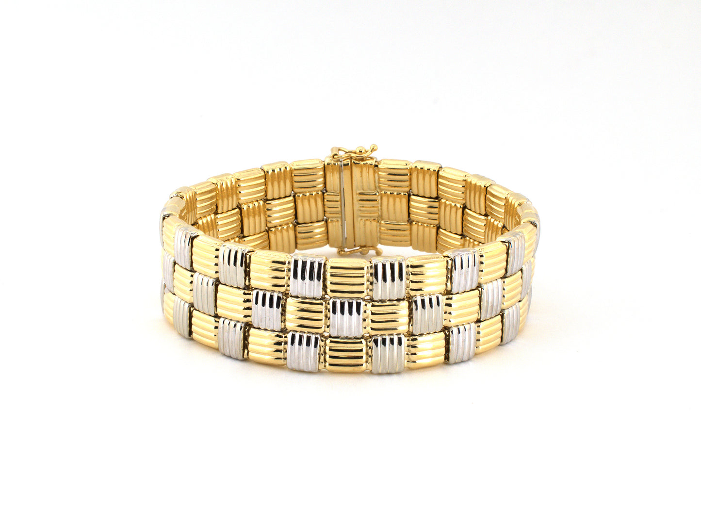 74012 - Italy Gold 3-Row Alternating Checkerboard Link Bracelet