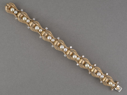 74013 - Circa 1960 Gold Pearl Diamond Omega Rope Bracelet