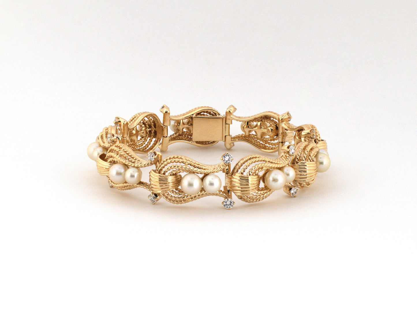 74013 - Circa 1960 Gold Pearl Diamond Omega Rope Bracelet