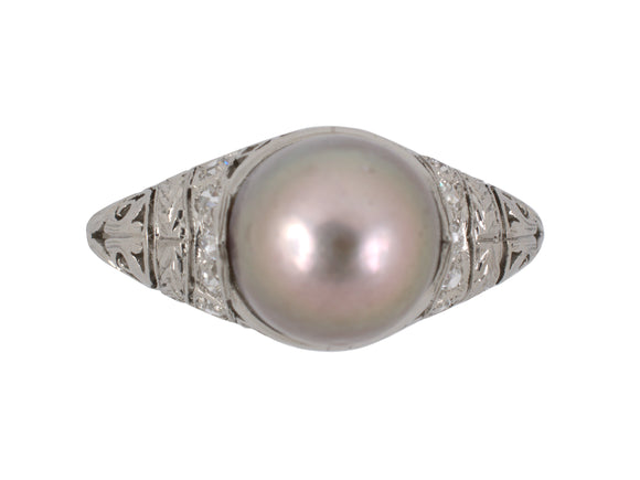 900458 - SOLD - Edwardian Platinum GIA Pearl Diamond Engagement  Ring