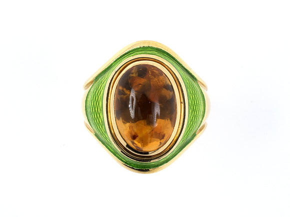 900876 - SOLD - De Vroomen Gold Cabochon Citrine Enamel Ring