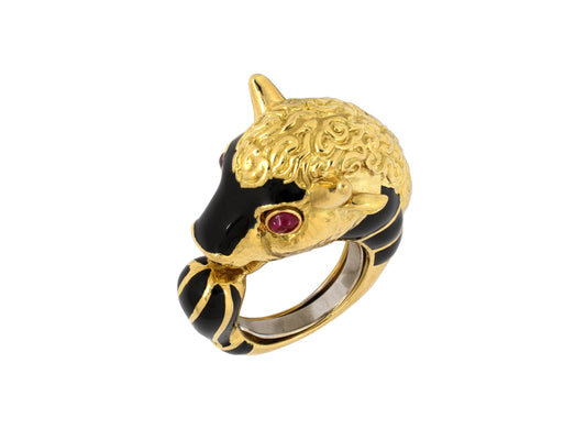 901146 - Webb Gold Ruby Black Enamel Bull's Head Ring