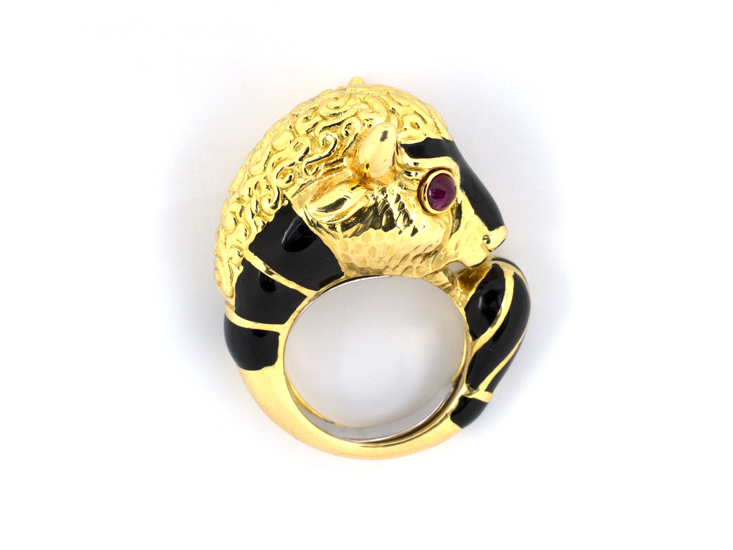 901146 - Webb Gold Ruby Black Enamel Bull's Head Ring