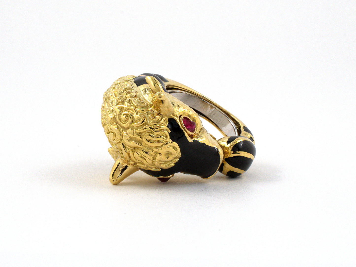 901146 - Webb Gold Ruby Black Enamel Bull's Head Ring