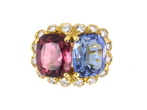 901238 - SOLD - Gold Tourmaline Tanzanite Diamond 2-Stone Cocktail Ring