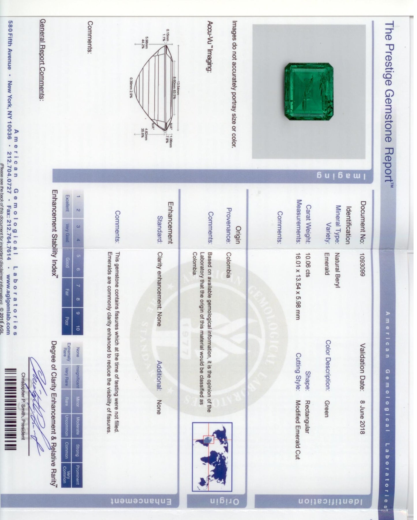 901500 - Platinum Gold AGL Colombian 10 ct Emerald Diamond Ring