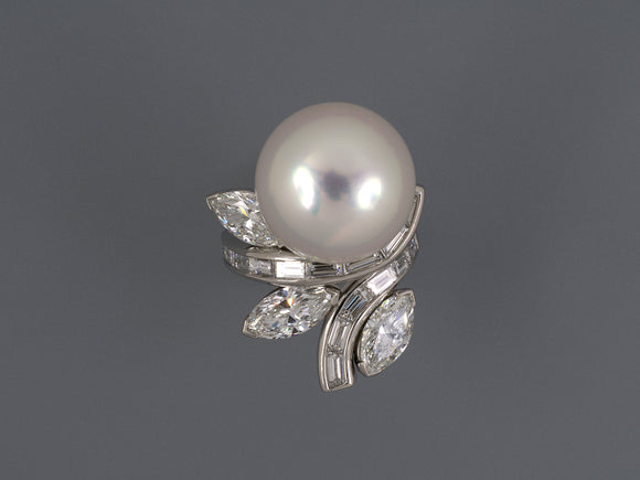 901861 - SOLD - Platinum GIA Diamond South Sea Pearl Swirl Design Cocktail Ring