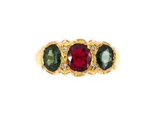 901889 - SOLD - Circa 1944 Gold Diamond Spinel Green Sapphire English 3-Stone Ring