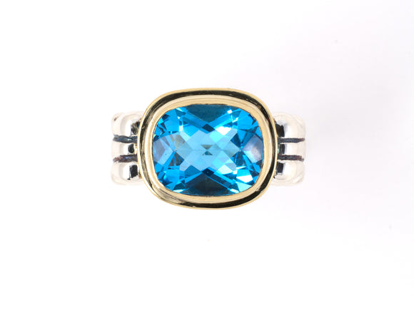 901952 - SOLD - Sterling Silver Gold Blue Topaz Carved Shank Ring