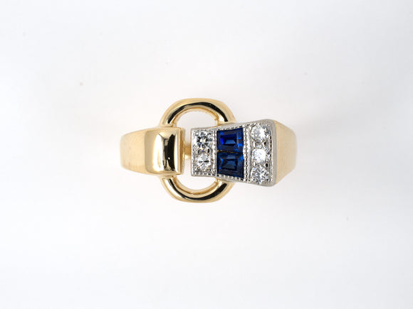 901982 - SOLD - Retro Gold Palladium Diamond Sapphire Buckle Design Ring