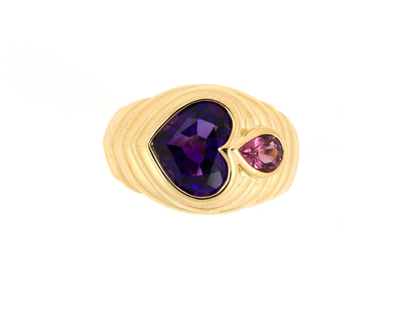 902020 - SOLD - Gold Heart Shape Amethyst Pear Shape Pink Tourmaline Ring