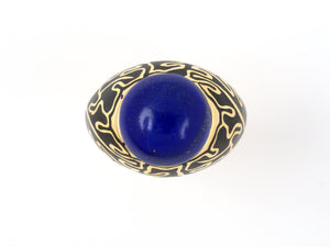 902025 - SOLD - Cerro Gold Cabochon Lapis Black Floral Leaf Enamel Domed Ring