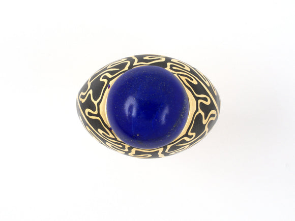 902025 - SOLD - Cerro Gold Cabochon Lapis Black Floral Leaf Enamel Domed Ring