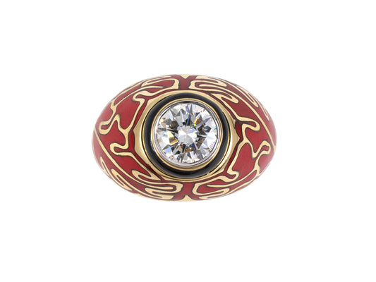 902031 - SOLD - Cerro Gold Platinum GIA Diamond Enamel Oak Leaf Ring