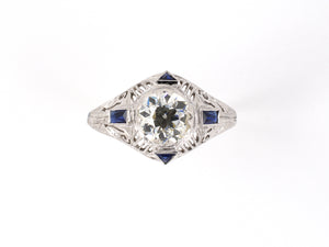 902041 - SOLD - Art Deco Gold Diamond Synthetic Sapphire Stamped Filigree Engagement Ring