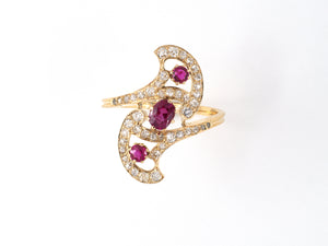 902049 - Victorian Gold Ruby Diamond 3-Stone Twist Dinner Ring