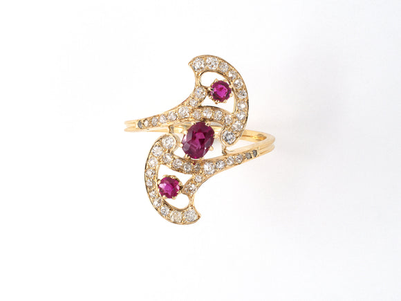 902049 - Victorian Gold Ruby Diamond 3-Stone Twist Dinner Ring