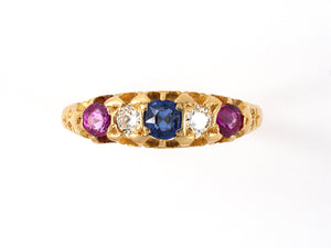 902062 - SOLD - Victorian Gold Diamond Sapphire Burma Ruby 3-Stone Ring