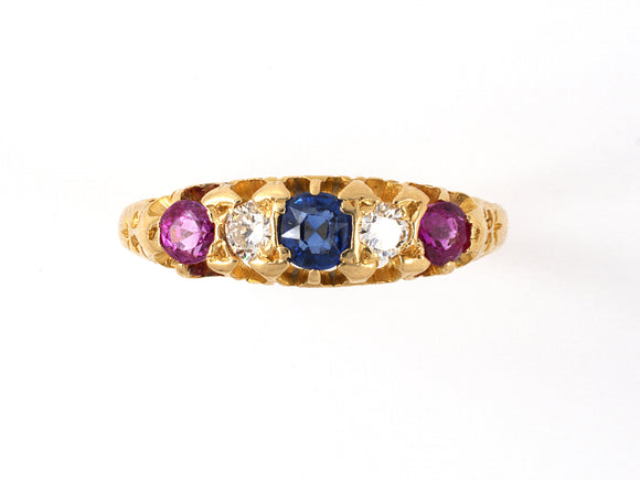 902062 - SOLD - Victorian Gold Diamond Sapphire Burma Ruby 3-Stone Ring