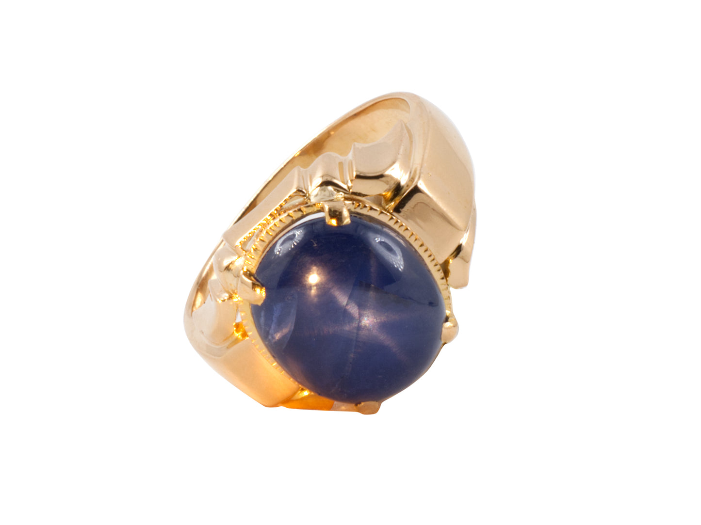 902068 - SOLD - Gold Cabochon Star Sapphire Carved Bezel Ring