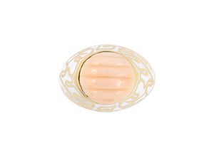 902073 - SOLD - Cerro Gold Corrugated Carved Coral White Enamel Domed Ring