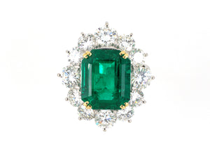 902083 - Circa 1970 Platinum Gold  AGL Emerald Diamond Cluster Ring