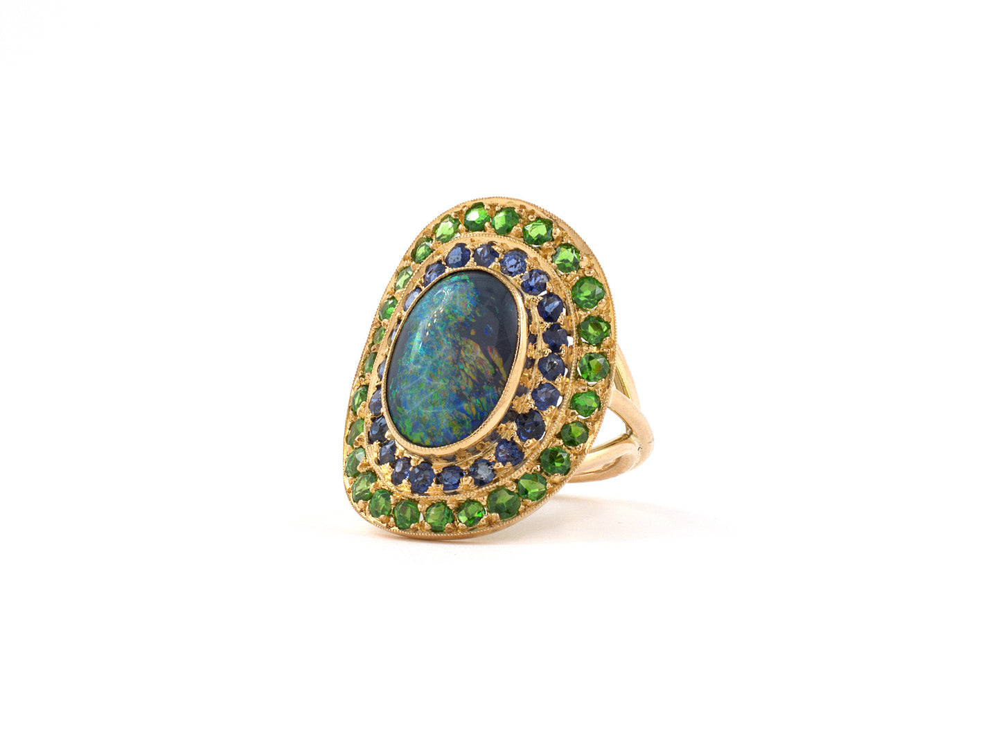 902110 - Art Nouveau Gold Black Opal Sapphire Demantoid Cluster Dinner Ring