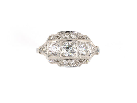 902120 - Art Deco Platinum Diamond 3 Stone Filigree Ring
