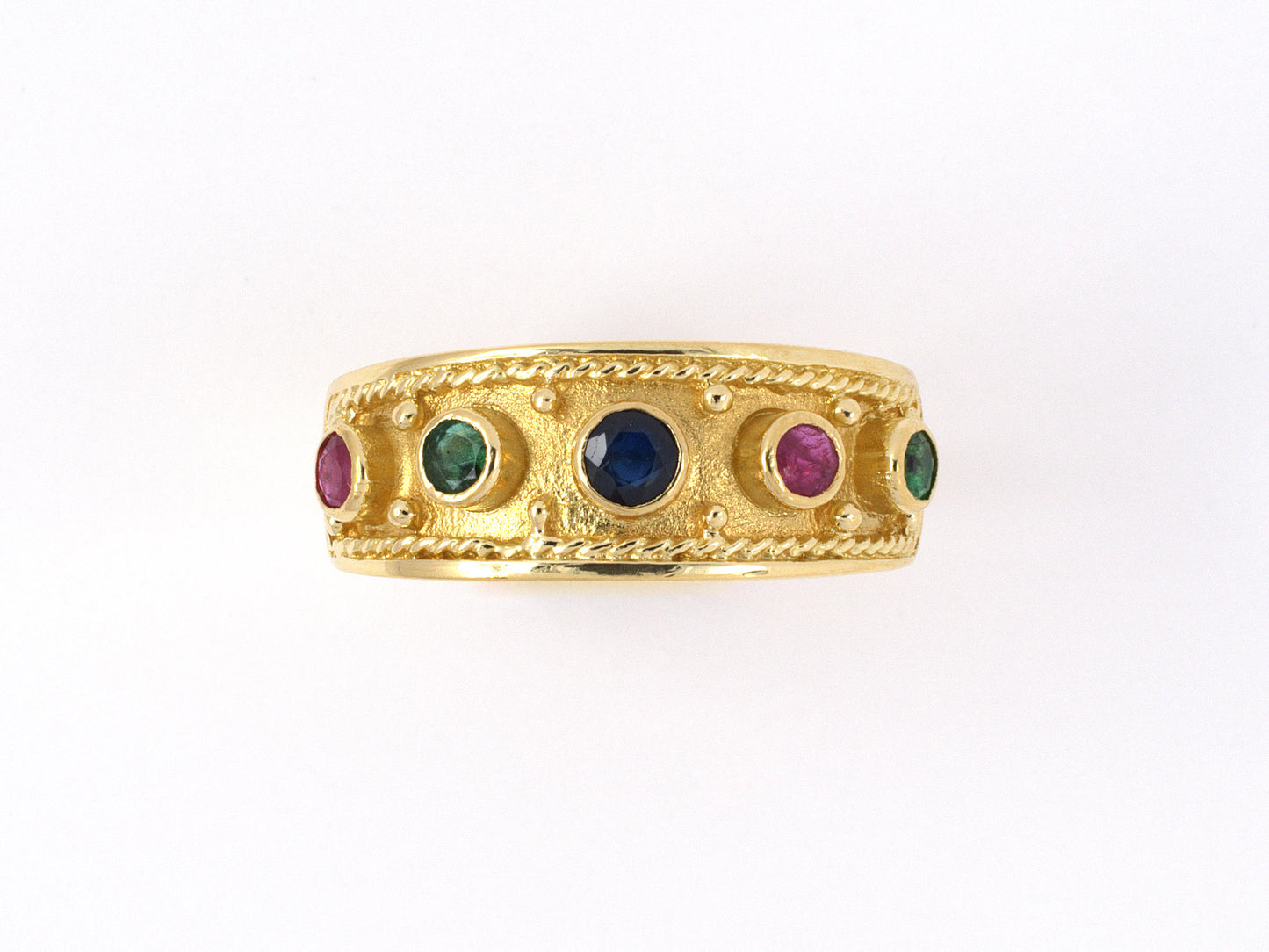 902128 - SOLD - Gold Tube Set Emerald Ruby Sapphire Rope Design Border Band Ring