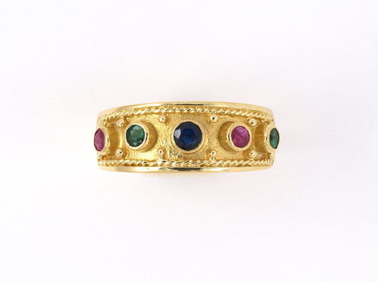902128 - SOLD - Gold Tube Set Emerald Ruby Sapphire Rope Design Border Band Ring