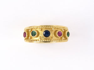 902128 - Gold Tube Set Emerald Ruby Sapphire Rope Design Border Band Ring