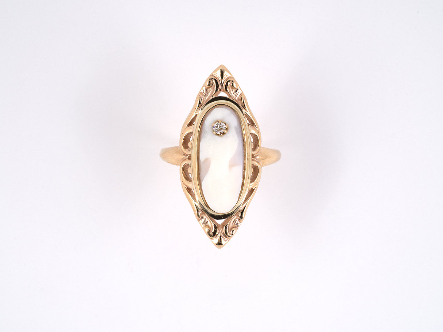 902133 - SOLD - Gold Diamond Pink And White Shell Cameo Scroll Dinner Ring